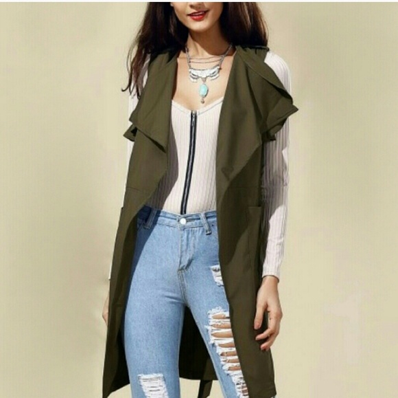 New! Vest Green Vest Trench Green Olive - Picture 4 of 8